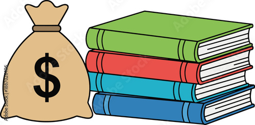 Money bag with stack of books education finance investment learning concept cartoon vector illustration