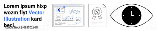 Business analytics, financial reporting, document security, authentication, time management, conceptual design. Data charts, certificate icon and clock in eye symbol. Data analysis and document
