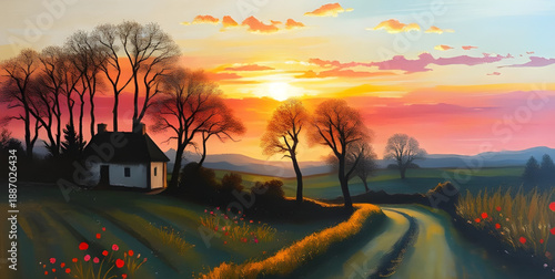 sunset, countryside, village, oilpainting, painting, artwork, art, canvas, texture, brushstroke, landscape, scenery, scenic, rural, nature, sky, clouds, orange, golden, warm, evening, dusk, horizon, s