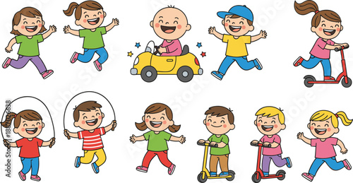 Cute happy children playing and running set kids having fun with scooter car and jump rope cartoon vector