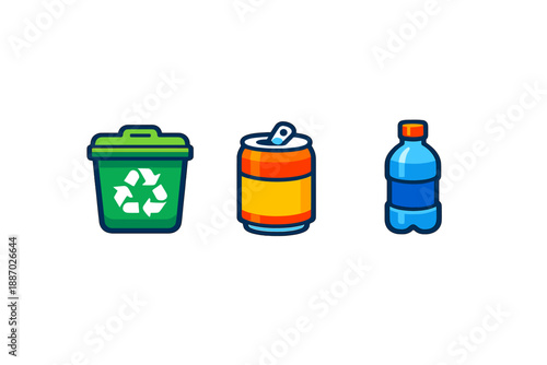 Recycling icons: trash can, soda can, and water bottle