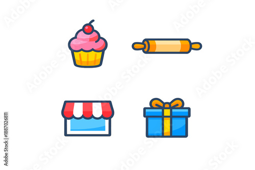 Baking icons: cupcake, rolling pin, shop and gift box