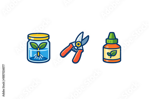 Gardening icons: seedling, pruners, and fertilizer