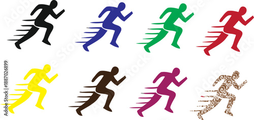 Vector silhouettes of people, athletes, and soccer players in action, featuring black figures of men running, jumping, and dancing with a ball in a sports competition illustration