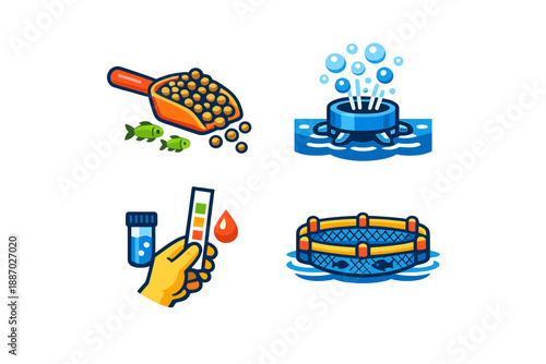 Aquaculture icon set with fish farm, feeding, water testing, and aeration.