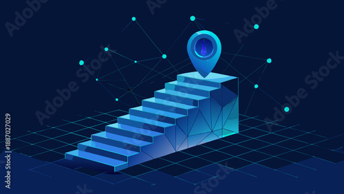 "A 3D render digital illustration of a low-poly wireframe staircase ascending into a dark blue background, with a bright blue location pin marker at the top step. The stairs are glowing blue and made 