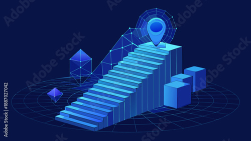 "A 3D render digital illustration of a low-poly wireframe staircase ascending into a dark blue background, with a bright blue location pin marker at the top step. The stairs are glowing blue and made 