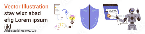 Artificial intelligence, automation, cybersecurity, innovation, technology services, digital processes. A robot, shield lightbulb cloud and invoice symbols. Cybersecurity and artificial