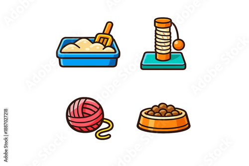 Set of cute cartoon cat accessories icons