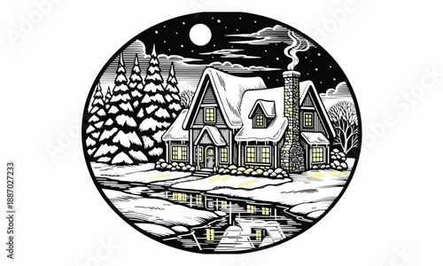 Winter night cottage illustration, snowy cabin with glowing windows, moonlit forest landscape, vintage woodcut style, cozy holiday countryside scene