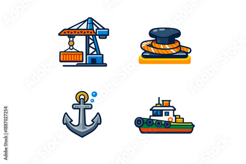 Set of nautical icons with a crane, bollard, anchor, and tugboat.