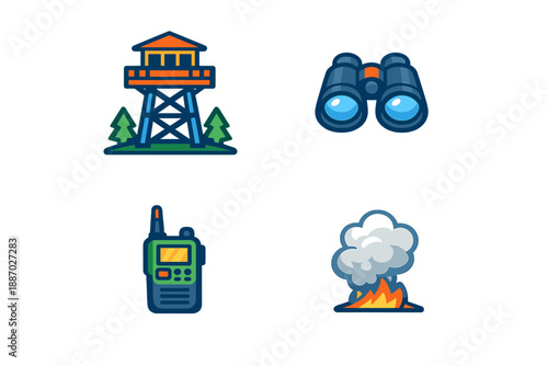 Set of four icons: lookout tower, binoculars, radio, and fire with smoke