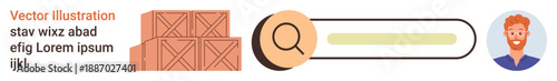 E-commerce, logistics, user interaction, search functionality, profile management, workspace organization. Stacked boxes, user avatar and search bar with magnifying glass. E-commerce and logistics