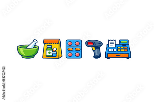 Pharmacy icons set on a gradient background
