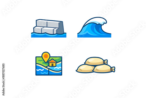 Flood icons: Seawall, wave, map, and sandbags