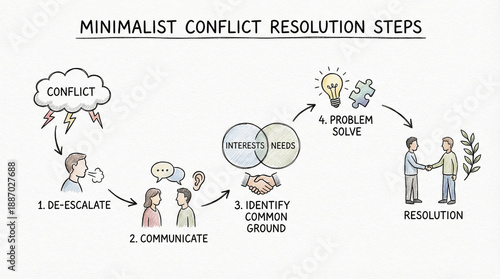 Minimalist conflict resolution steps include de escalate, communicate, identify common ground, and problem solve for peaceful resolution