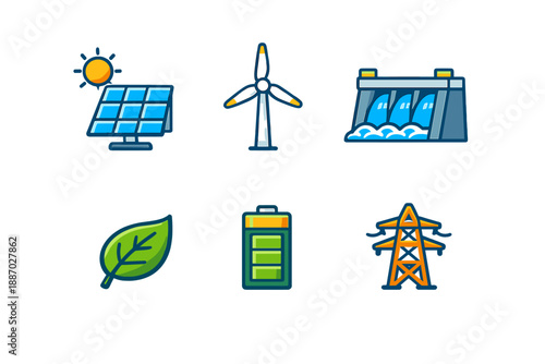 Set of clean energy icons on a dark background