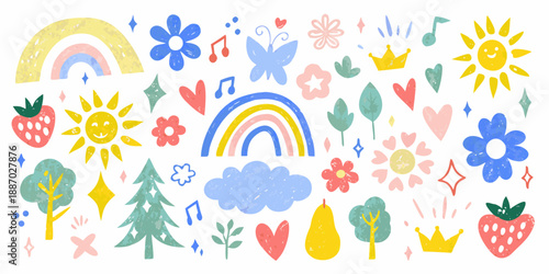 Colorful childlike drawings of rainbows flowers suns and nature elements