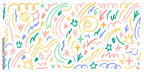 Colorful doodle pattern with various shapes and playful whimsical lines