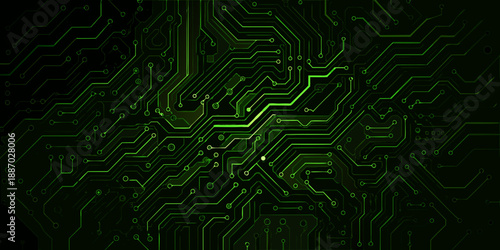Intricate green circuit board pattern displaying technology and digital connections