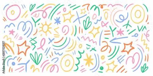 Colorful doodle pattern with stars hearts and various abstract shapes