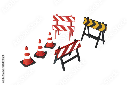 Construction safety cones barriers and traffic redirection elements on transparent background, urban worksite road closure equipment and signs
