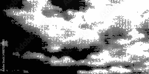 Abstract black and white image featuring a cloud like pattern and dark shapes