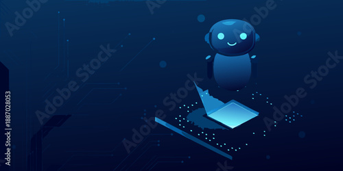 A friendly robot interacting with a glowing laptop in a digital space