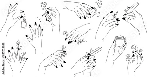 Elegant Female Hands Line Art Icon Set with Nail Care Beauty Tools and Floral Elements for Cosmetic Design