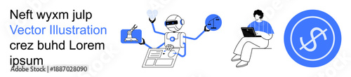 Artificial intelligence, robotics, digital finance, workflow automation, education, innovation. Robot interacting with digital elements, person using a laptop dollar sign symbol. AI and robotics