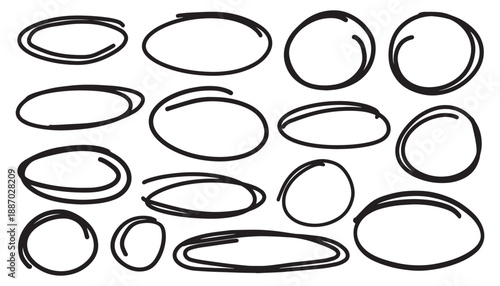 Set of hand drawn black circles line and ovals sketch highlights. Vector circular scribble doodle round for message note mark design element. Highlight circle frames. Pencil or pen ellipses graffiti