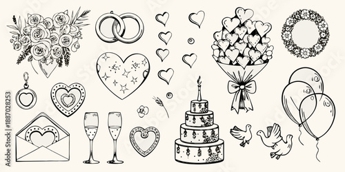 Elegant wedding elements rings bouquets cake and love symbols in sketch style