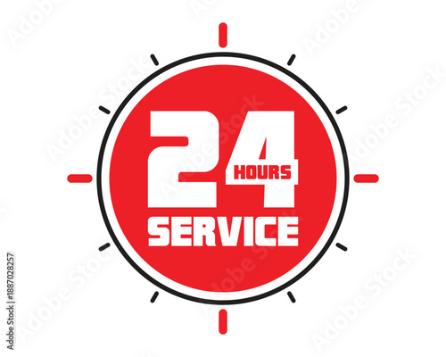 Customer support symbol with clock design. Red 24 hours service label for call center and hotline