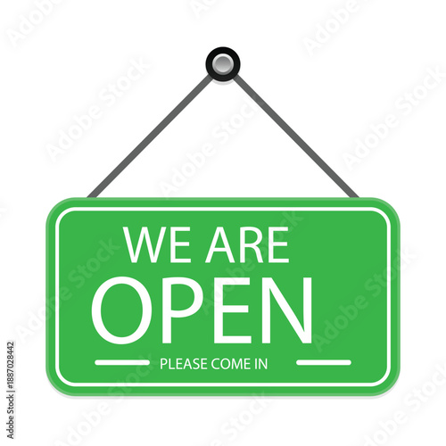 Open sign hanging on a rope isolated on white. Green board with text for store or restaurant
