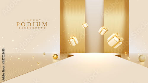 Luxury gold podium background with floating gift boxes and ball, ribbon elements with light effects decoration for product display, golden stage scene, vector illustration.
