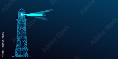 A digital illustration of a tall lighthouse emitting a bright beam of light