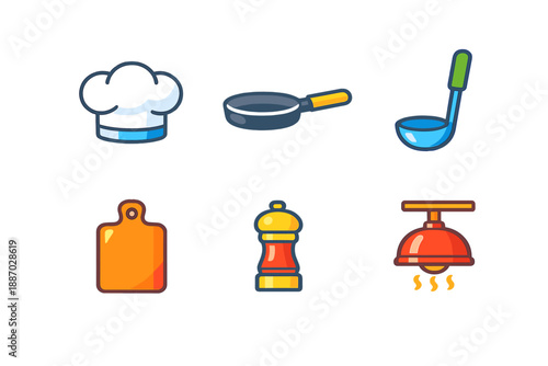 Kitchen tools and cooking icons include chef hat, frying pan, ladle, cutting board, pepper mill, and food cover in simple design