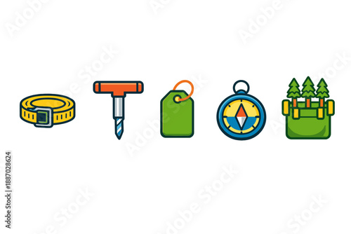 Collection of outdoor tools and equipment for camping and exploration in a simple design