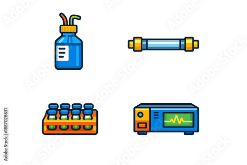 Equipment and tools for laboratory experiments including bottle, tube, rack, and monitor in single image display