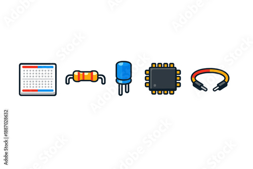 Different electronic components arranged in a line, showcasing a breadboard, resistor, capacitor, microchip, and jumper wires on a simple background