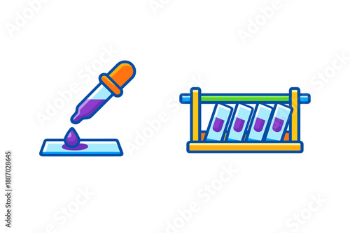 Dropper adds liquid to surface while test tubes are placed in rack showing scientific activity in lab setting