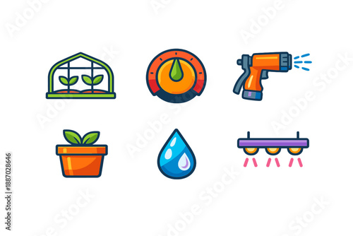 Various gardening tools and symbols showing activities related to plant care, including watering, timing, and lighting