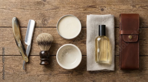 Shaving brush soap and aftershave bottle arranged on wooden table