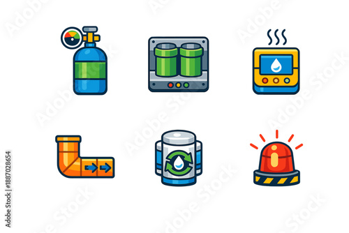 Symbols of safety and monitoring equipment in industrial settings with a focus on gas safety, liquid handling, and alert systems for hazard situations