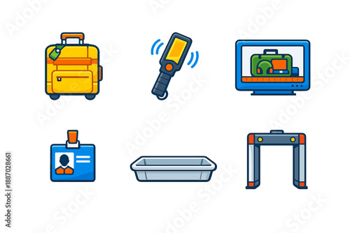 Travel security process at an airport with luggage, identification, and scanning equipment in view