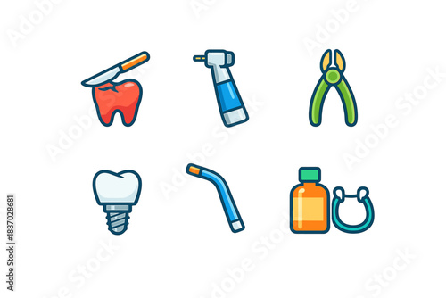 Various dental tools and equipment including a tooth, drill, pliers, implant, suction tool, and medicine bottle on a white background