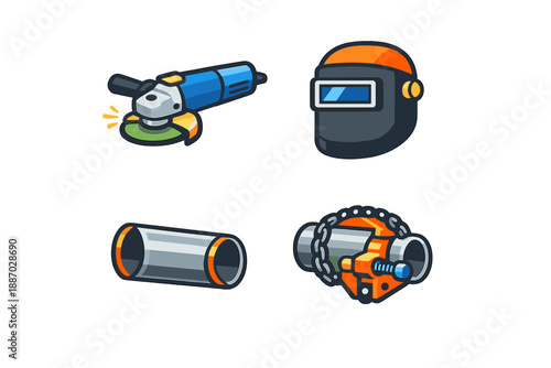 Tools for metalwork including a grinder, welding helmet, pipe, and clamp set up for a project in a workshop