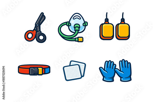Tools and equipment for safety and medical use displayed on a plain background for instructional and training purposes