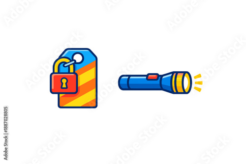 Illustration shows a lock tag beside a flashlight on a plain background representing security and illumination in everyday life