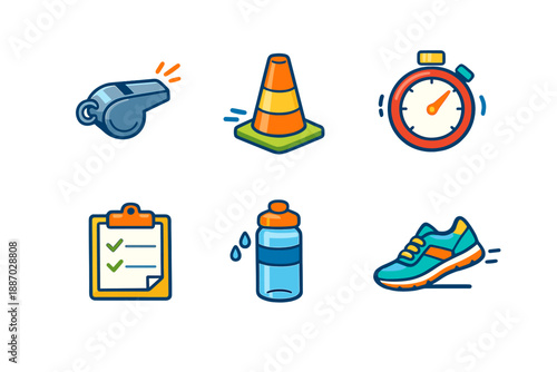 Sports training tools and equipment used in athletic coaching sessions for physical education and practice activities